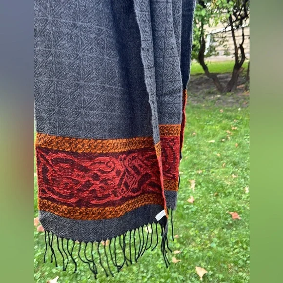 🐑 🇮🇪Unisex Charcoal/Red/Orange Woven Scarf Wool Blend Fringed Scarf 15”W x 63”L - Picture 13 of 17